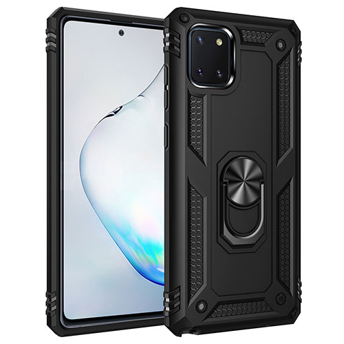 Silicone Matte Finish and Plastic Back Cover Case with Magnetic Finger Ring Stand MQ3 for Samsung Galaxy A81 Black