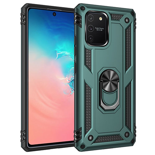 Silicone Matte Finish and Plastic Back Cover Case with Magnetic Finger Ring Stand MQ3 for Samsung Galaxy A91 Green