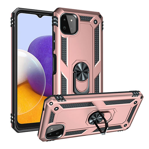 Silicone Matte Finish and Plastic Back Cover Case with Magnetic Finger Ring Stand MQ3 for Samsung Galaxy F42 5G Rose Gold