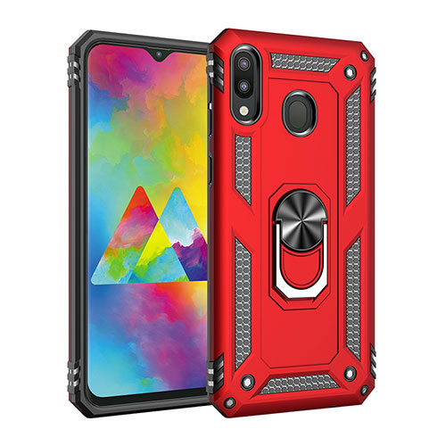 Silicone Matte Finish and Plastic Back Cover Case with Magnetic Finger Ring Stand MQ3 for Samsung Galaxy M20 Red