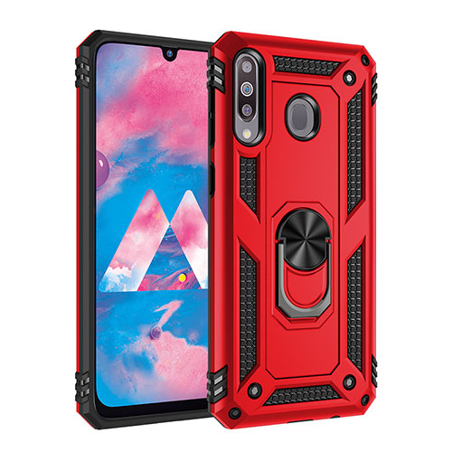 Silicone Matte Finish and Plastic Back Cover Case with Magnetic Finger Ring Stand MQ3 for Samsung Galaxy M30 Red