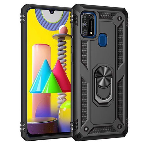 Silicone Matte Finish and Plastic Back Cover Case with Magnetic Finger Ring Stand MQ3 for Samsung Galaxy M31 Black