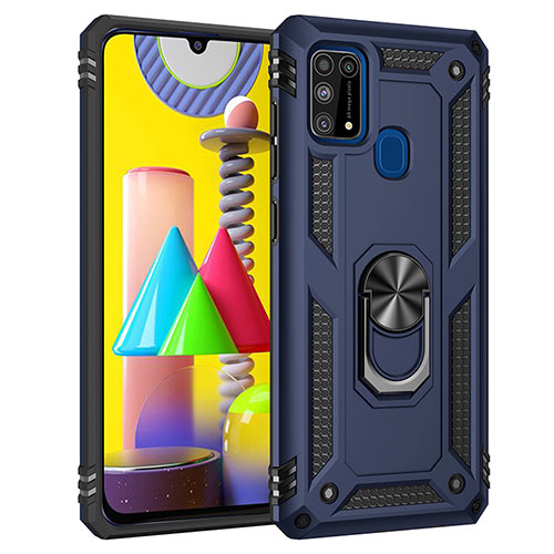 Silicone Matte Finish and Plastic Back Cover Case with Magnetic Finger Ring Stand MQ3 for Samsung Galaxy M31 Prime Edition Blue