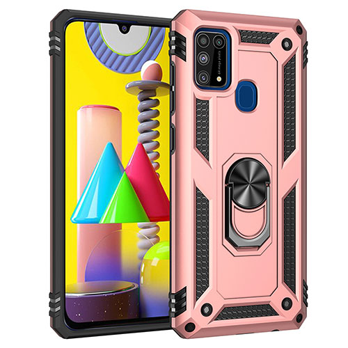 Silicone Matte Finish and Plastic Back Cover Case with Magnetic Finger Ring Stand MQ3 for Samsung Galaxy M31 Rose Gold