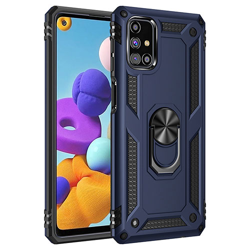 Silicone Matte Finish and Plastic Back Cover Case with Magnetic Finger Ring Stand MQ3 for Samsung Galaxy M31s Blue