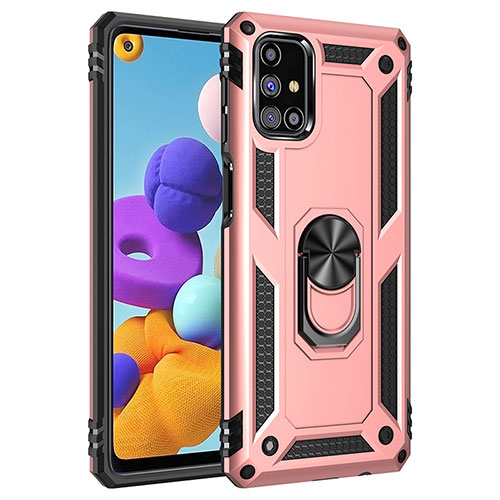 Silicone Matte Finish and Plastic Back Cover Case with Magnetic Finger Ring Stand MQ3 for Samsung Galaxy M31s Rose Gold