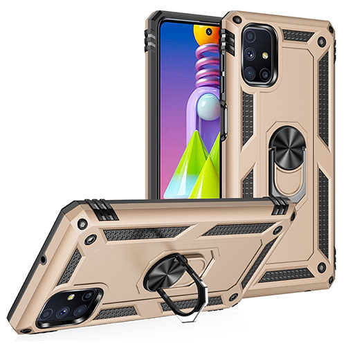 Silicone Matte Finish and Plastic Back Cover Case with Magnetic Finger Ring Stand MQ3 for Samsung Galaxy M51 Gold