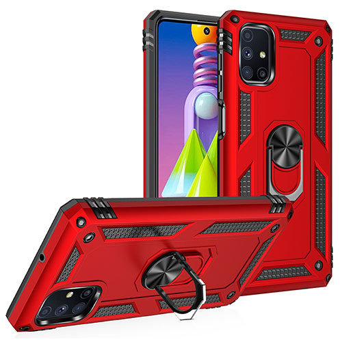 Silicone Matte Finish and Plastic Back Cover Case with Magnetic Finger Ring Stand MQ3 for Samsung Galaxy M51 Red