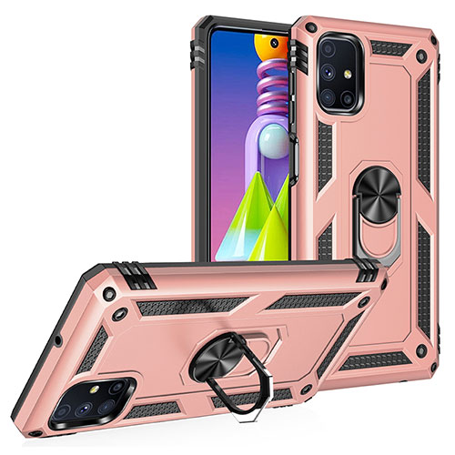 Silicone Matte Finish and Plastic Back Cover Case with Magnetic Finger Ring Stand MQ3 for Samsung Galaxy M51 Rose Gold