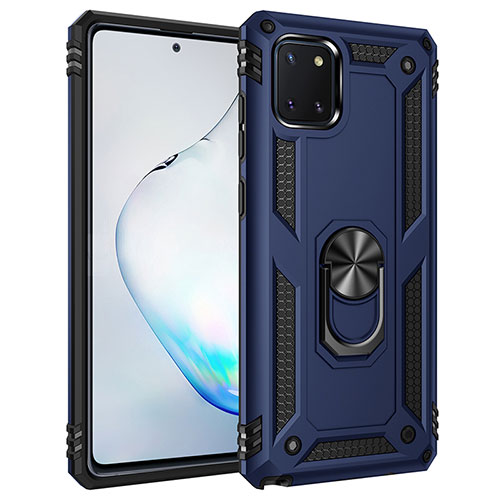 Silicone Matte Finish and Plastic Back Cover Case with Magnetic Finger Ring Stand MQ3 for Samsung Galaxy Note 10 Lite Blue