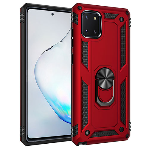 Silicone Matte Finish and Plastic Back Cover Case with Magnetic Finger Ring Stand MQ3 for Samsung Galaxy Note 10 Lite Red