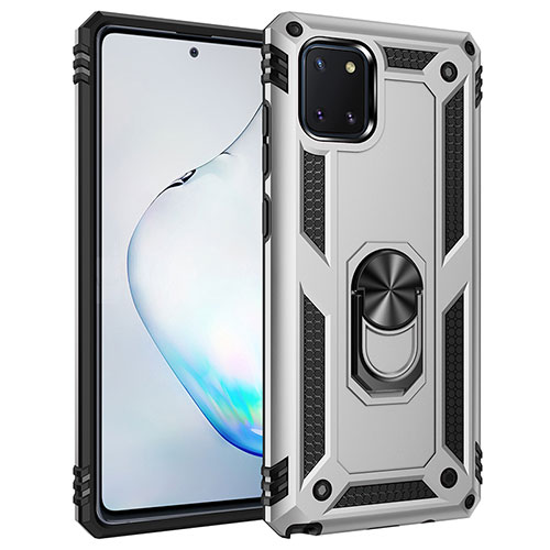 Silicone Matte Finish and Plastic Back Cover Case with Magnetic Finger Ring Stand MQ3 for Samsung Galaxy Note 10 Lite Silver