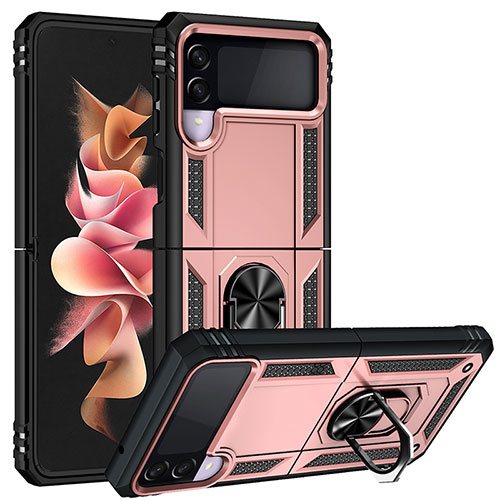 Silicone Matte Finish and Plastic Back Cover Case with Magnetic Finger Ring Stand MQ3 for Samsung Galaxy Z Flip3 5G Rose Gold