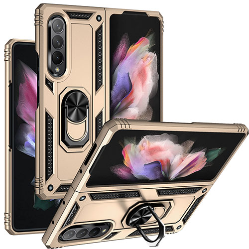 Silicone Matte Finish and Plastic Back Cover Case with Magnetic Finger Ring Stand MQ3 for Samsung Galaxy Z Fold3 5G Gold