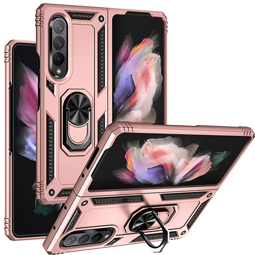 Silicone Matte Finish and Plastic Back Cover Case with Magnetic Finger Ring Stand MQ3 for Samsung Galaxy Z Fold4 5G Rose Gold