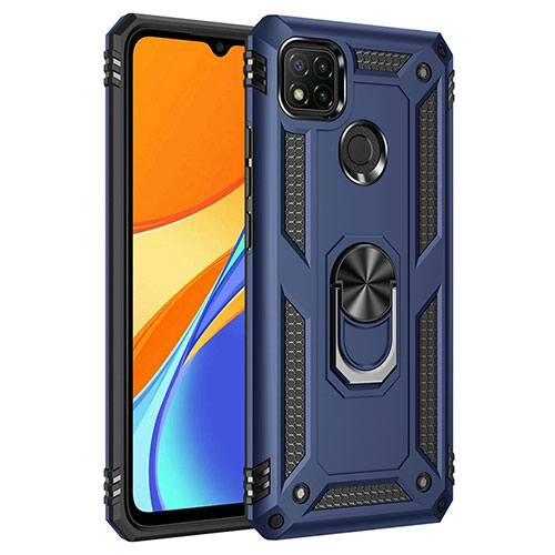 Silicone Matte Finish and Plastic Back Cover Case with Magnetic Finger Ring Stand MQ3 for Xiaomi POCO C3 Blue