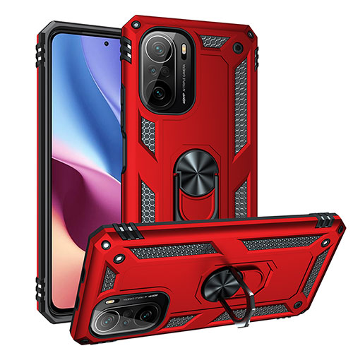 Silicone Matte Finish and Plastic Back Cover Case with Magnetic Finger Ring Stand MQ3 for Xiaomi Poco F3 5G Red