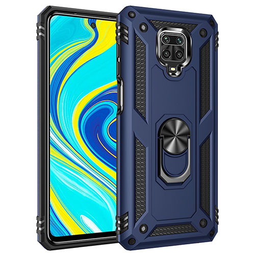 Silicone Matte Finish and Plastic Back Cover Case with Magnetic Finger Ring Stand MQ3 for Xiaomi Poco M2 Pro Blue