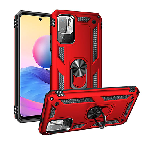 Silicone Matte Finish and Plastic Back Cover Case with Magnetic Finger Ring Stand MQ3 for Xiaomi POCO M3 Pro 5G Red