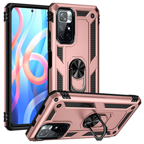 Silicone Matte Finish and Plastic Back Cover Case with Magnetic Finger Ring Stand MQ3 for Xiaomi Poco M4 Pro 5G Rose Gold