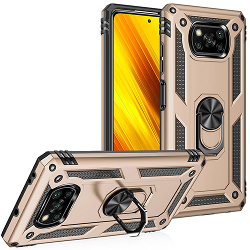 Silicone Matte Finish and Plastic Back Cover Case with Magnetic Finger Ring Stand MQ3 for Xiaomi Poco X3 Pro Gold