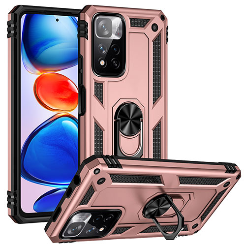 Silicone Matte Finish and Plastic Back Cover Case with Magnetic Finger Ring Stand MQ3 for Xiaomi Poco X4 NFC Rose Gold