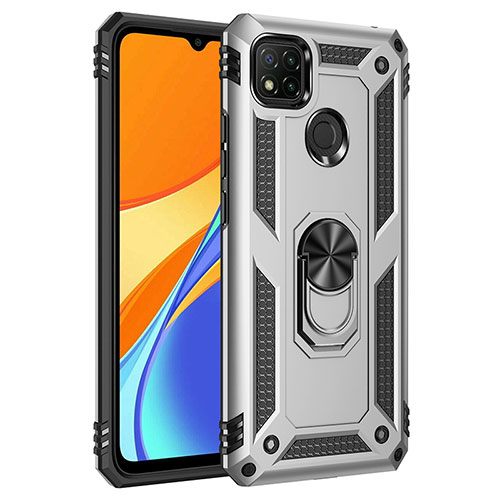 Silicone Matte Finish and Plastic Back Cover Case with Magnetic Finger Ring Stand MQ3 for Xiaomi Redmi 9 Activ Silver