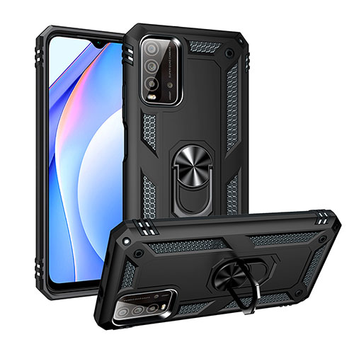 Silicone Matte Finish and Plastic Back Cover Case with Magnetic Finger Ring Stand MQ3 for Xiaomi Redmi 9 Power Black