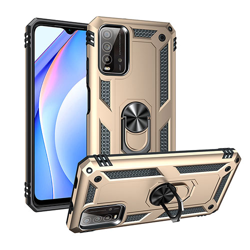 Silicone Matte Finish and Plastic Back Cover Case with Magnetic Finger Ring Stand MQ3 for Xiaomi Redmi 9 Power Gold