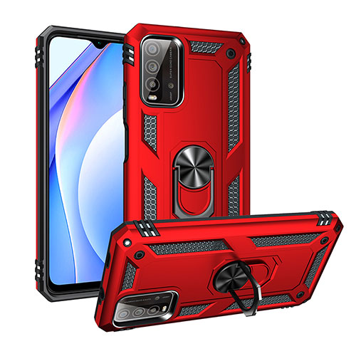 Silicone Matte Finish and Plastic Back Cover Case with Magnetic Finger Ring Stand MQ3 for Xiaomi Redmi 9 Power Red