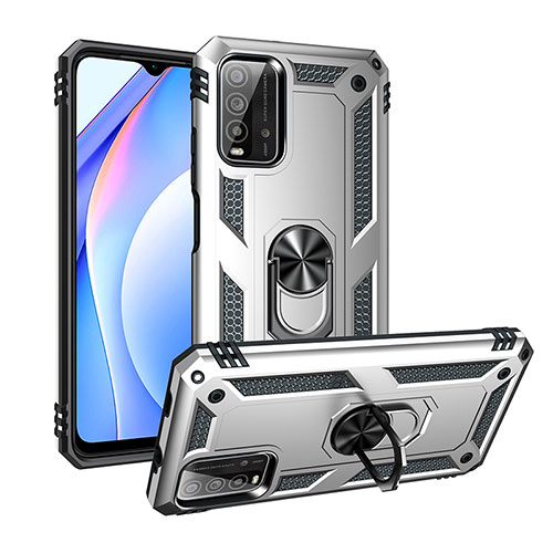 Silicone Matte Finish and Plastic Back Cover Case with Magnetic Finger Ring Stand MQ3 for Xiaomi Redmi 9 Power Silver