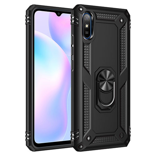 Silicone Matte Finish and Plastic Back Cover Case with Magnetic Finger Ring Stand MQ3 for Xiaomi Redmi 9A Black