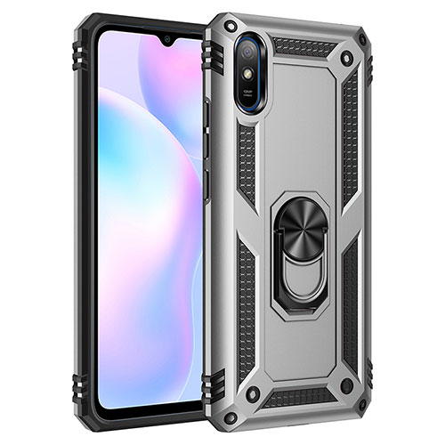 Silicone Matte Finish and Plastic Back Cover Case with Magnetic Finger Ring Stand MQ3 for Xiaomi Redmi 9A Silver