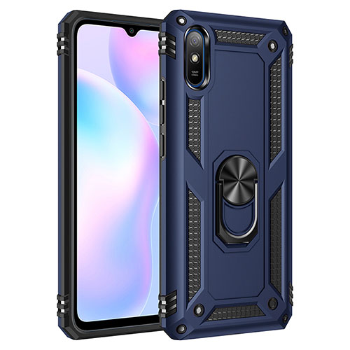 Silicone Matte Finish and Plastic Back Cover Case with Magnetic Finger Ring Stand MQ3 for Xiaomi Redmi 9AT Blue