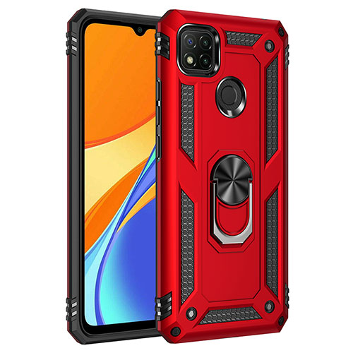 Silicone Matte Finish and Plastic Back Cover Case with Magnetic Finger Ring Stand MQ3 for Xiaomi Redmi 9C NFC Red