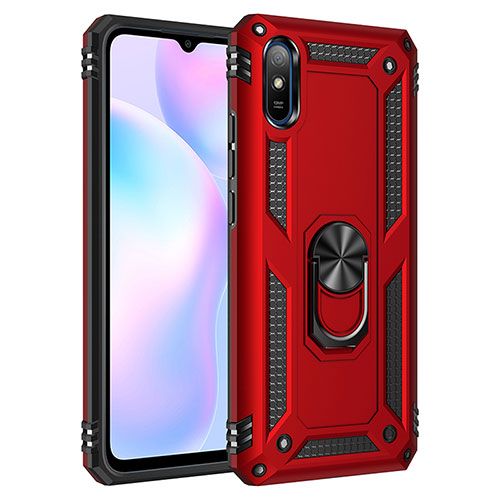 Silicone Matte Finish and Plastic Back Cover Case with Magnetic Finger Ring Stand MQ3 for Xiaomi Redmi 9i Red