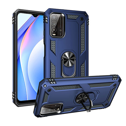 Silicone Matte Finish and Plastic Back Cover Case with Magnetic Finger Ring Stand MQ3 for Xiaomi Redmi 9T 4G Blue