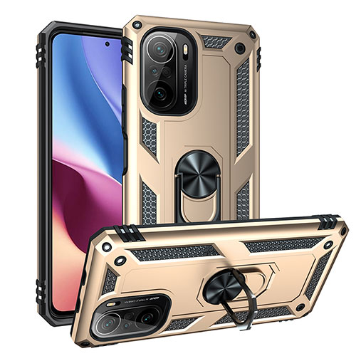 Silicone Matte Finish and Plastic Back Cover Case with Magnetic Finger Ring Stand MQ3 for Xiaomi Redmi K40 Pro+ Plus 5G Gold