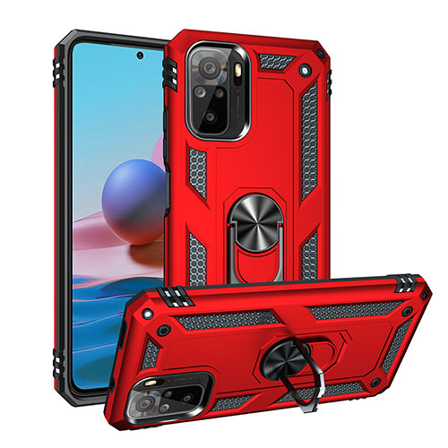 Silicone Matte Finish and Plastic Back Cover Case with Magnetic Finger Ring Stand MQ3 for Xiaomi Redmi Note 10 4G Red