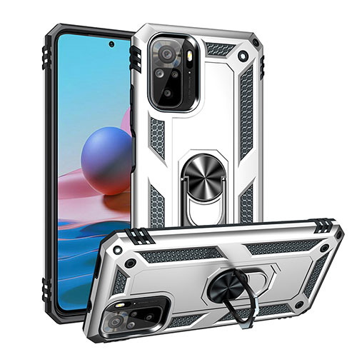 Silicone Matte Finish and Plastic Back Cover Case with Magnetic Finger Ring Stand MQ3 for Xiaomi Redmi Note 10 4G Silver