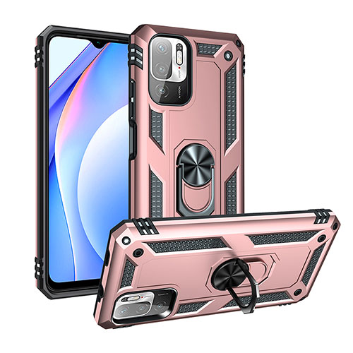 Silicone Matte Finish and Plastic Back Cover Case with Magnetic Finger Ring Stand MQ3 for Xiaomi Redmi Note 10 5G Rose Gold