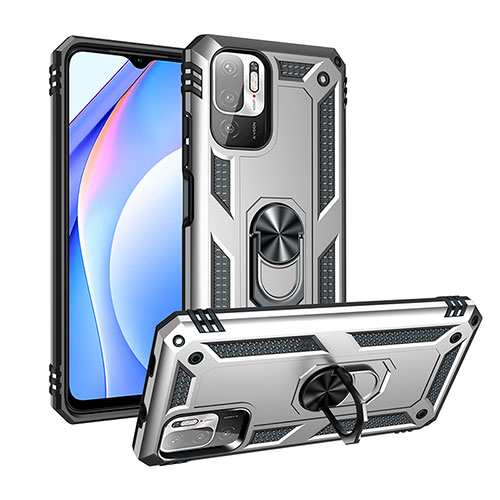 Silicone Matte Finish and Plastic Back Cover Case with Magnetic Finger Ring Stand MQ3 for Xiaomi Redmi Note 10T 5G Silver