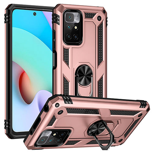 Silicone Matte Finish and Plastic Back Cover Case with Magnetic Finger Ring Stand MQ3 for Xiaomi Redmi Note 11 4G (2021) Rose Gold