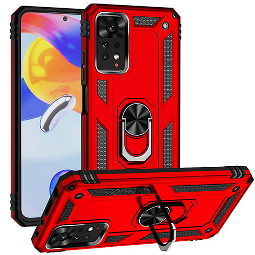 Silicone Matte Finish and Plastic Back Cover Case with Magnetic Finger Ring Stand MQ3 for Xiaomi Redmi Note 11 Pro 5G Red