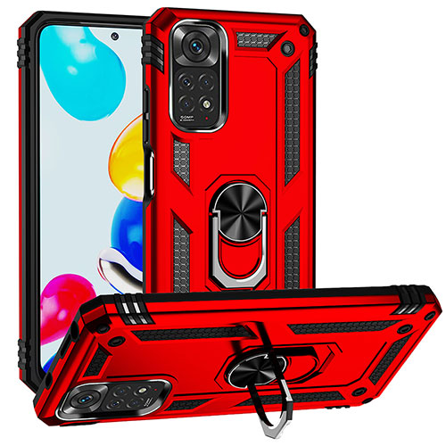 Silicone Matte Finish and Plastic Back Cover Case with Magnetic Finger Ring Stand MQ3 for Xiaomi Redmi Note 11S 4G Red