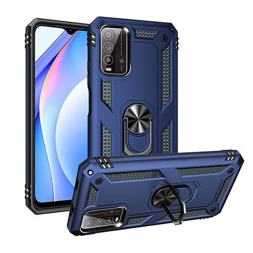 Silicone Matte Finish and Plastic Back Cover Case with Magnetic Finger Ring Stand MQ3 for Xiaomi Redmi Note 9 4G Blue