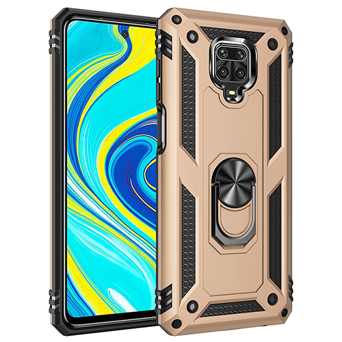 Silicone Matte Finish and Plastic Back Cover Case with Magnetic Finger Ring Stand MQ3 for Xiaomi Redmi Note 9 Pro Max Gold