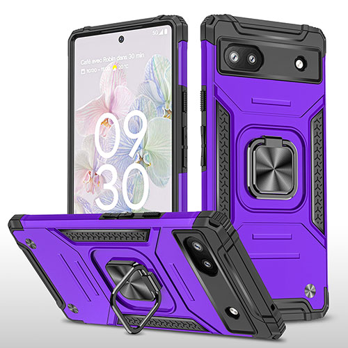 Silicone Matte Finish and Plastic Back Cover Case with Magnetic Finger Ring Stand MQ4 for Google Pixel 6a 5G Purple