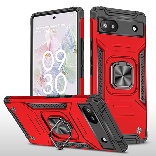 Silicone Matte Finish and Plastic Back Cover Case with Magnetic Finger Ring Stand MQ4 for Google Pixel 6a 5G Red