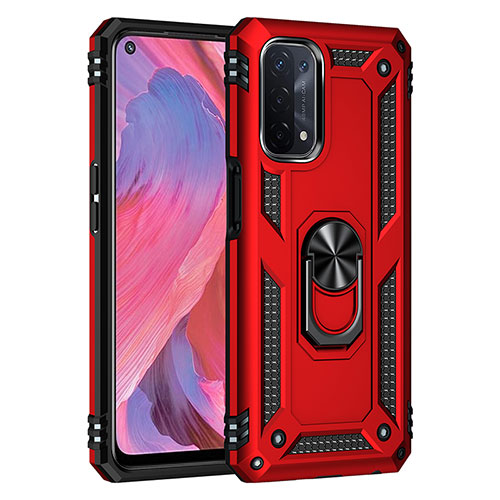 Silicone Matte Finish and Plastic Back Cover Case with Magnetic Finger Ring Stand MQ4 for Oppo A93 5G Red